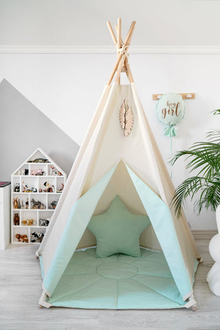 Mint Accent Kids Teepee Tent | Large 5-Pole Handmade Natural Cotton Teepee