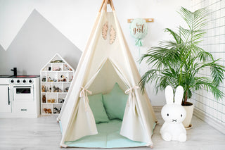 Mint Accent Kids Teepee Tent | Large 5-Pole Handmade Natural Cotton Teepee
