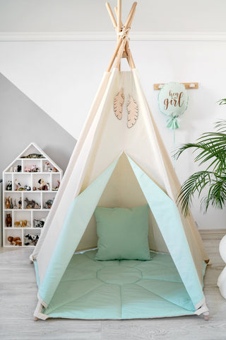 Mint Accent Kids Teepee Tent | Large 5-Pole Handmade Natural Cotton Teepee