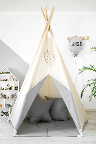 Grey Accent Kids Teepee Tent | 5-Pole Handmade Cotton Teepee for Kids Room