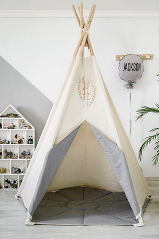 Grey Accent Kids Teepee Tent | 5-Pole Handmade Cotton Teepee for Kids Room