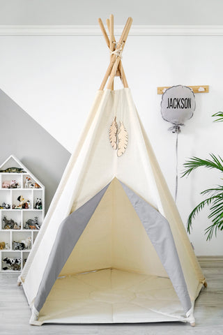 Grey Accent Kids Teepee Tent | 5-Pole Handmade Cotton Teepee for Kids Room