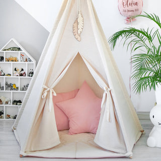Natural and Pink 5-Pole Girls Teepee Tent | Large Handmade Cotton Teepee