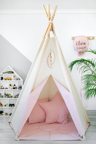 Natural and Pink 5-Pole Girls Teepee Tent | Large Handmade Cotton Teepee