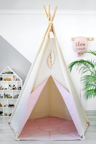 Natural and Pink 5-Pole Girls Teepee Tent | Large Handmade Cotton Teepee