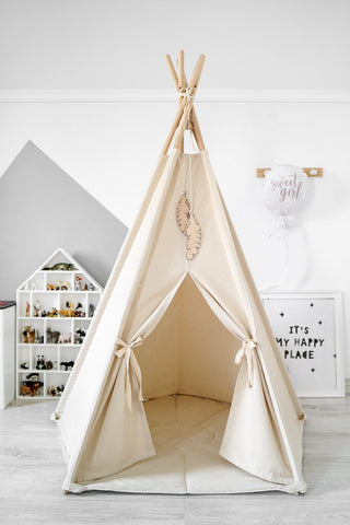 White Accent Kids Teepee Tent | Large Handmade Kids Teepee, Natural Cotton