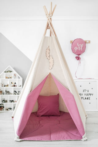 Raspberry Accent Girls Teepee Tent | 5-Pole Handmade Cotton Indoor Teepee