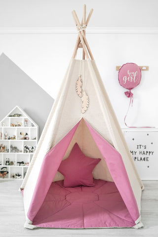 Raspberry Accent Girls Teepee Tent | 5-Pole Handmade Cotton Indoor Teepee