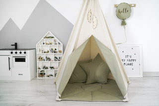 Natural and Olive 5-Pole Kids Teepee Tent | Large Handmade Cotton Play Tent