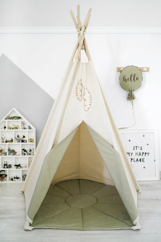 Natural and Olive 5-Pole Kids Teepee Tent | Large Handmade Cotton Play Tent