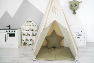 Natural and Olive 5-Pole Kids Teepee Tent | Large Handmade Cotton Play Tent