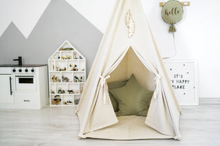 Natural and Olive 5-Pole Kids Teepee Tent | Large Handmade Cotton Play Tent