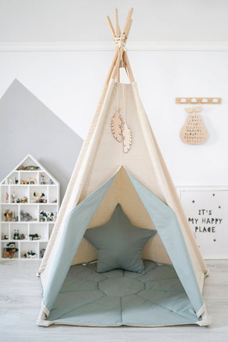 Eucalyptus Accent Kids Teepee | 5-Pole Handmade Natural Cotton Play Tent