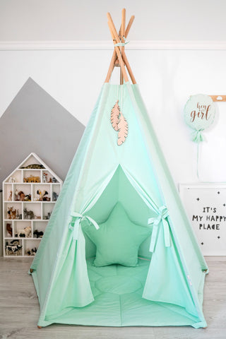 Mint Green Kids Teepee Tent | Large 5-Pole Handmade Cotton Play Tent