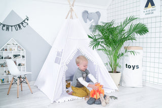 White Kids Teepee with Pom Poms | Handmade Cotton Play Tent, Gender Neutral