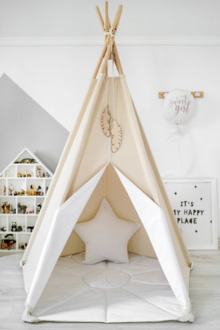 White Accent Kids Teepee Tent | Large Handmade Kids Teepee, Natural Cotton