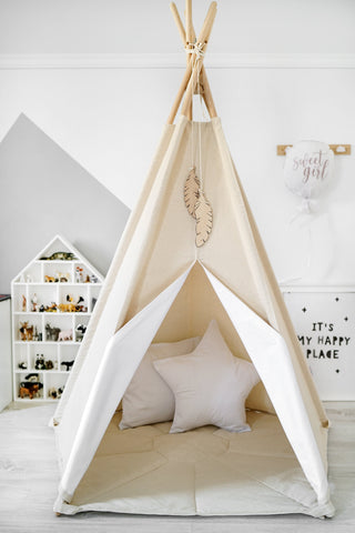 White Accent Kids Teepee Tent | Large Handmade Kids Teepee, Natural Cotton