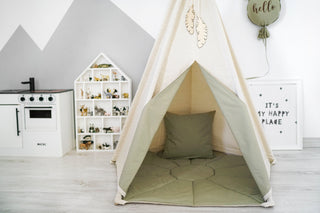 Natural and Olive 5-Pole Kids Teepee Tent | Large Handmade Cotton Play Tent