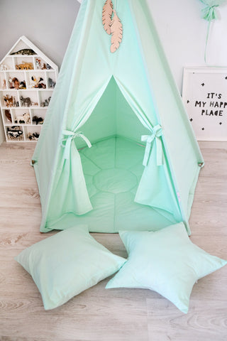Mint Green Kids Teepee Tent | Large 5-Pole Handmade Cotton Play Tent