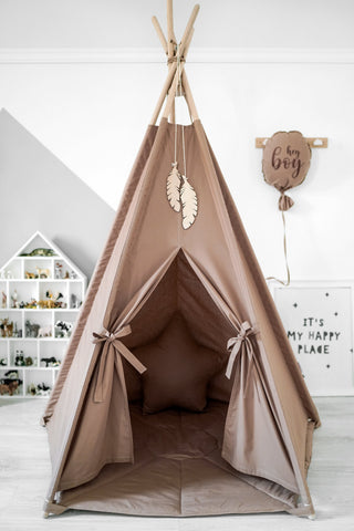 Brown Kids Teepee Tent | Large 5-Pole Handmade Cotton Play Tent