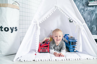 White Kids Teepee with Pom Poms | Handmade Cotton Play Tent, Gender Neutral