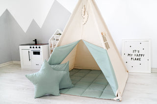 Natural and Sage Mint Kids Teepee Tent | Handmade Cotton Play Tent