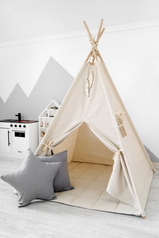 Natural and Grey Kids Teepee Tent | Handmade Cotton Indoor Play Tent
