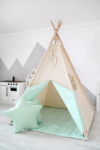 Natural and Mint Kids Teepee Tent | Handmade Cotton Indoor Play Tent