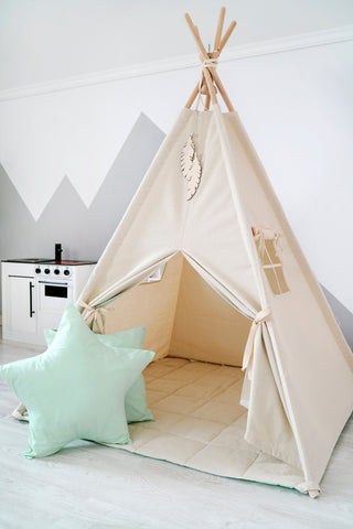 Natural and Mint Kids Teepee Tent | Handmade Cotton Indoor Play Tent