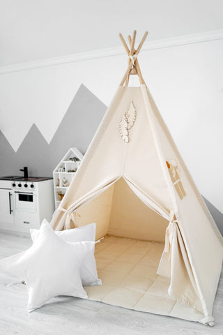 Natural and White Kids Teepee Tent | Handmade Cotton Indoor Play Tent