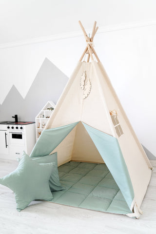 Natural and Sage Mint Kids Teepee Tent | Handmade Cotton Play Tent
