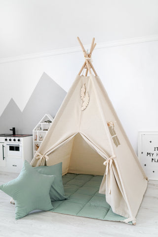 Natural and Sage Mint Kids Teepee Tent | Handmade Cotton Play Tent