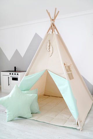 Natural and Mint Kids Teepee Tent | Handmade Cotton Indoor Play Tent