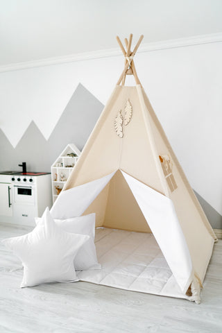 Natural and White Kids Teepee Tent | Handmade Cotton Indoor Play Tent