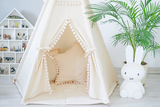 Natural Beige Teepee with Pom Poms | 5-Pole Handmade Cotton Play Tent