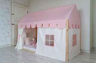 House Bed Curtains - Pink Montessori House Bed with Scallop Roof Canopy