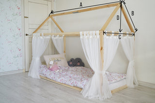 Montessori House Bed Canopy - Pink Scallop Roof with Tulle Curtains