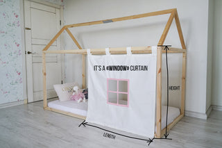 House Bed Curtains - Pink Montessori House Bed with Scallop Roof Canopy