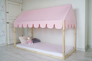 House Bed Curtains - Pink Montessori House Bed with Scallop Roof Canopy