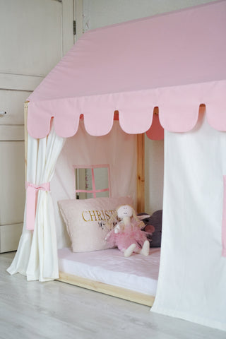 House Bed Curtains - Pink Montessori House Bed with Scallop Roof Canopy