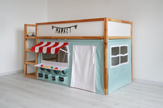 Kura Bed Curtains - Mint Market Stand Playhouse with Red Striped Awning and Counter