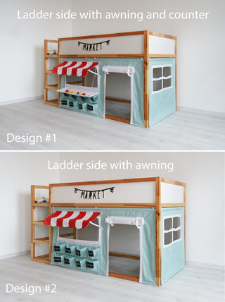 Kura Bed Curtains - Mint Market Stand Playhouse with Red Striped Awning and Counter