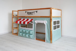 Kura Bed Curtains - Mint Market Stand Playhouse with Red Striped Awning and Counter
