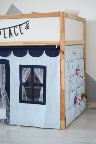 IKEA KURA Bunk Bed Curtains with Scallop, Tulle and Storage Pockets - Blue