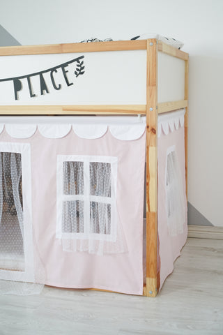 IKEA KURA Bunk Bed Curtains with Scallop Trim and Tulle - Blush and White