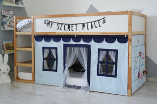 IKEA KURA Bunk Bed Curtains with Scallop, Tulle and Storage Pockets - Blue