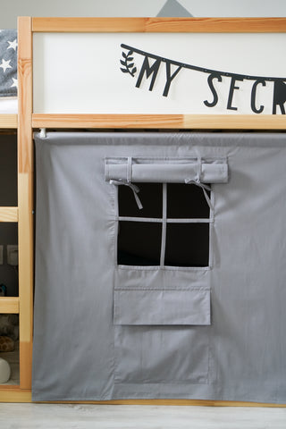 KURA Bunk Bed Curtains - Gray Cotton with Door and Window Pocket
