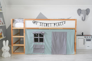 KURA Bunk Bed Curtains - Mint and Gray Two-Tone Cotton with Window Pocket