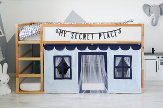 IKEA KURA Bunk Bed Curtains with Scallop, Tulle and Storage Pockets - Blue