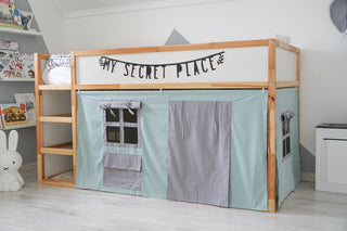 KURA Bunk Bed Curtains - Mint and Gray Two-Tone Cotton with Window Pocket
